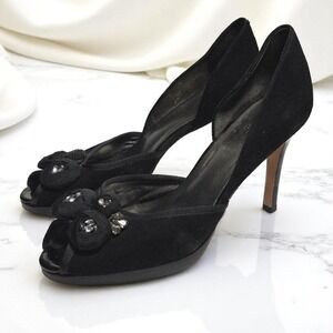 Talbots Black Suede Peep Toe Heels Rhinestone Bow Stiletto Pumps Woman 7‎ 1/2